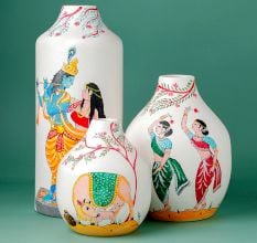 Handcrafted Ceramic Pattachitra Radha Krishna Love Story Vase Set of 3
